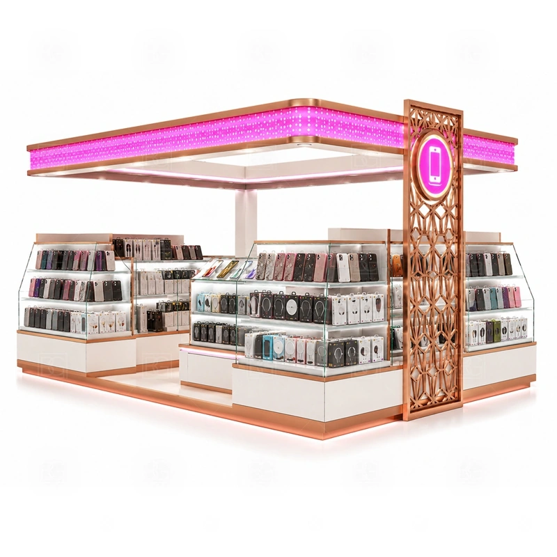 LED Lighted Phone Accessories Kiosk Design service area for sales, consultation, payment, and product testing supported by planned light and power routes shown in the led lighted phone accessories kiosk design product photos; the kiosk can follow repair service counter, device handoff area, and lockable tool storage