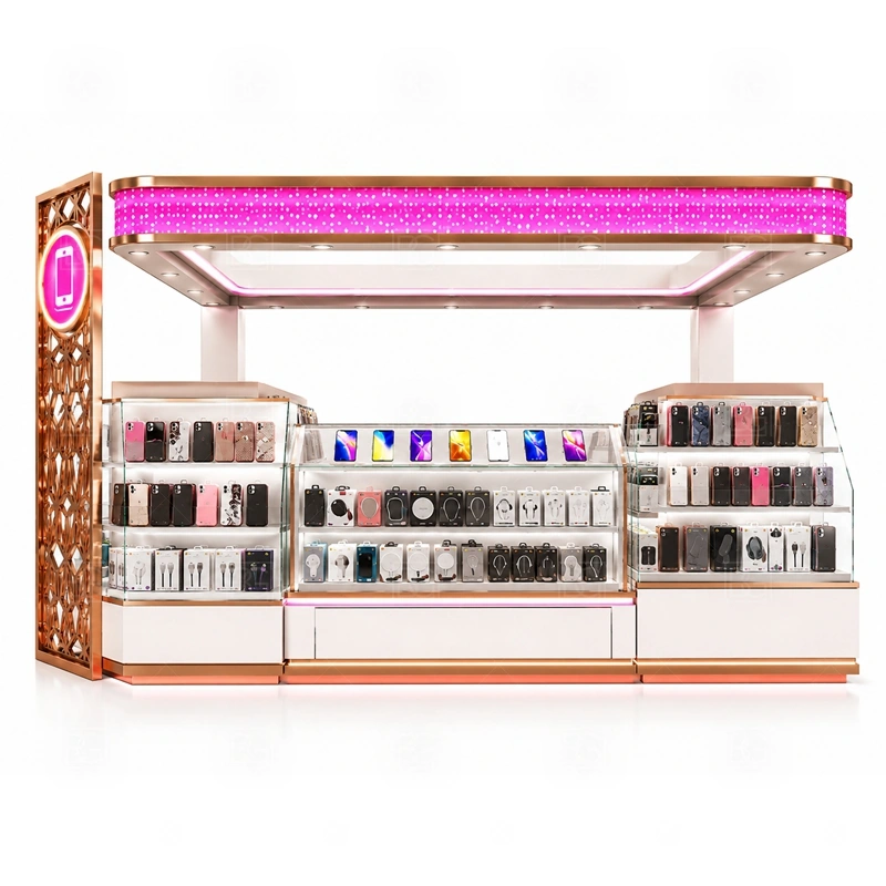 LED Lighted Phone Accessories Kiosk Design signage detail with illuminated logo panels, LED fascia, front graphics, and color-controlled accent lighting shown in the led lighted phone accessories kiosk design product photos; this page also uses LED signage, illuminated logo panels, and front brand graphics