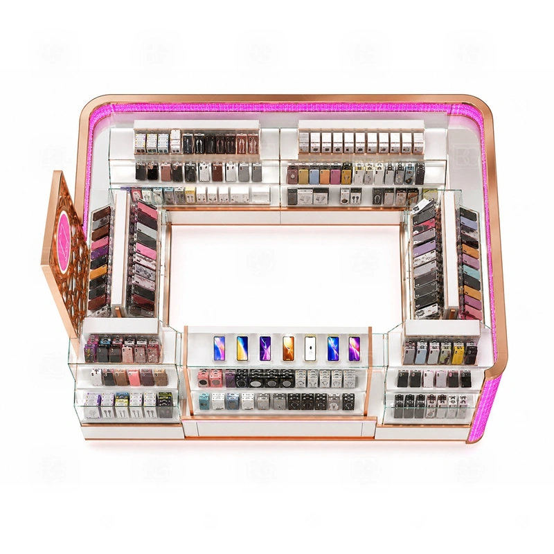 LED Lighted Phone Accessories Kiosk Design storage detail for lockable cabinets with hidden wiring access and maintenance-friendly LED routes shown in the led lighted phone accessories kiosk design product photos, with clear customer approach from the main mall walkway and quick staff access from the rear