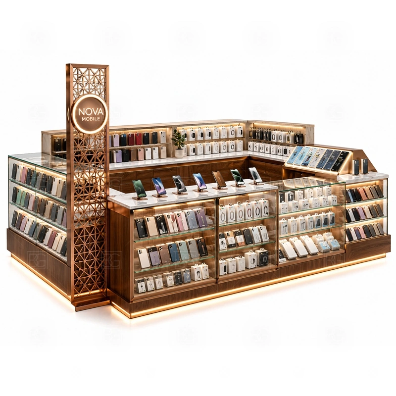 LED Lighted Phone Repair Kiosk with LED Signage with an LED-lighted phone kiosk with illuminated signs, brighter product zones, and stronger night-time mall visibility shown in the led lighted phone repair kiosk with led signage product photos for repair service and phone accessory sales