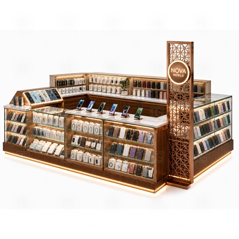 LED Lighted Phone Repair Kiosk with LED Signage service area for sales, consultation, payment, and product testing supported by planned light and power routes shown in the led lighted phone repair kiosk with led signage product photos; the kiosk can follow repair service counter, device handoff area, and lockable tool storage