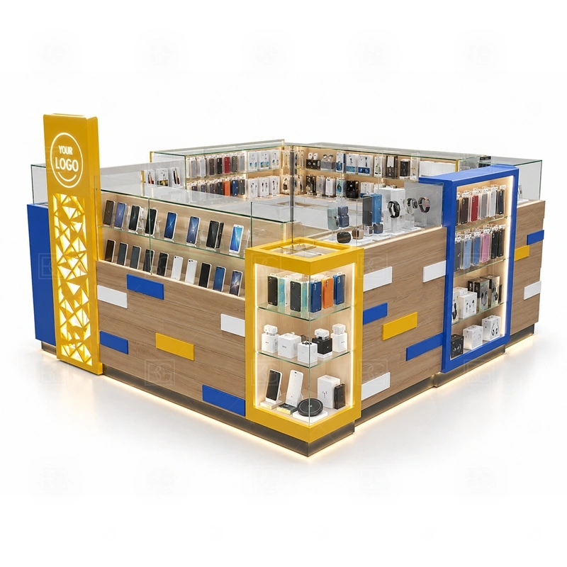 LED Lighted Retail Phone Kiosk with Glass Showcase with a glass-showcase phone kiosk with transparent product protection, counter lighting, and a cleaner premium display line shown in the led lighted retail phone kiosk with glass showcase product photos for phone retail and mall accessory sales