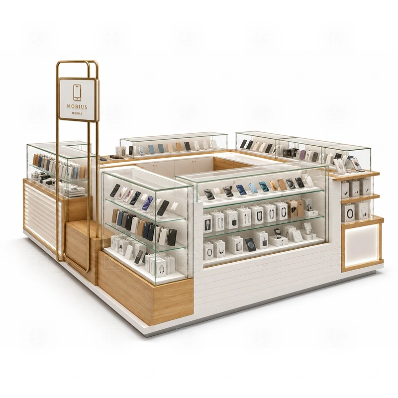 LED Lighted Shopping Mall Phone Kiosk Display Counter showing counter-based selling with front customer display and a practical staff-side checkout route shown in the led lighted shopping mall phone kiosk display counter product photos, with a stronger first impression at browsing distance plus practical checkout close to the display