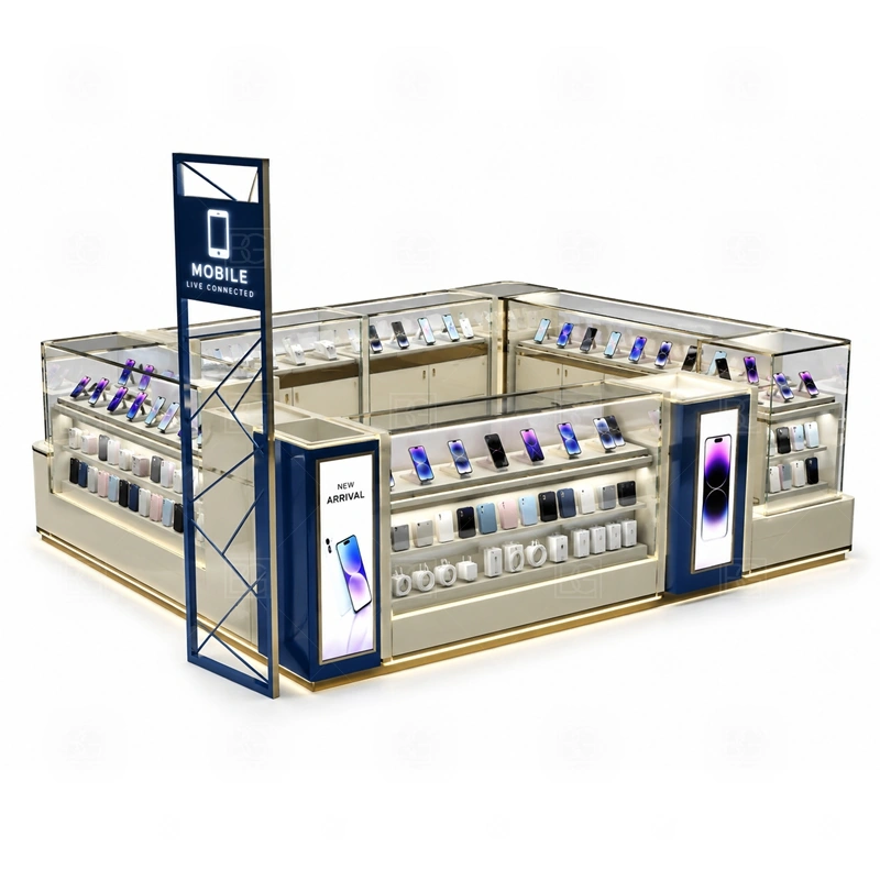 Luxury Cell Phone Display Counter for Retail Business with a premium phone kiosk with richer finish details, clean glass display, and a more polished retail presentation shown in the luxury cell phone display counter for retail business product photos for counter-based phone display and checkout