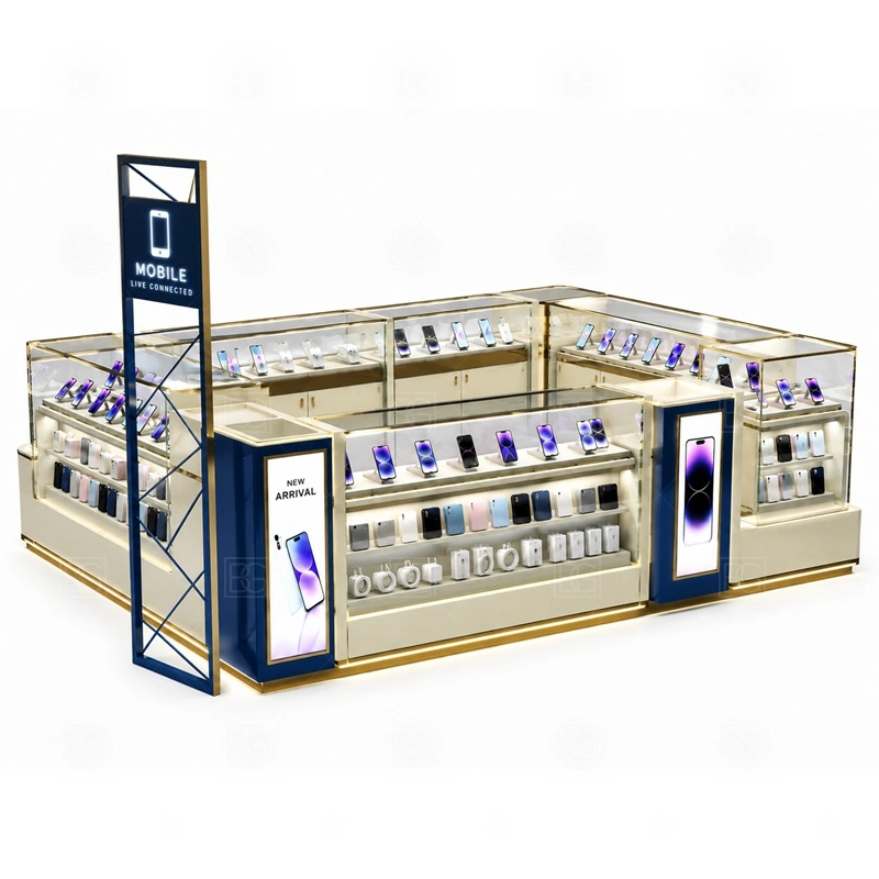 Luxury Cell Phone Display Counter for Retail Business showing counter-based selling with front customer display and a practical staff-side checkout route shown in the luxury cell phone display counter for retail business product photos, with a layout that can be checked against lease drawings before production begins