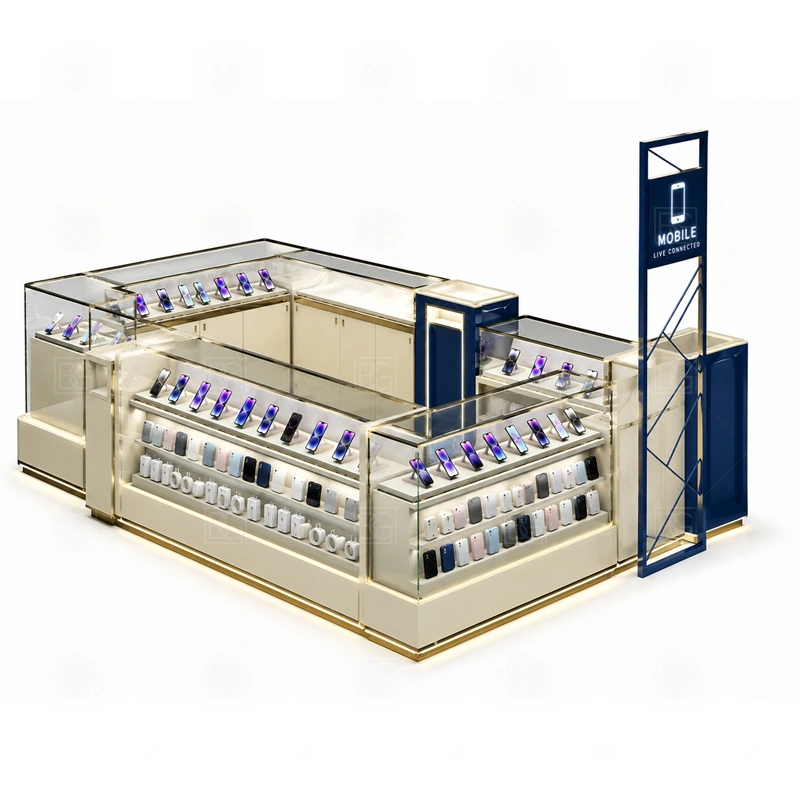 Luxury Cell Phone Display Counter for Retail Business display detail for selected accessories, devices, premium cases, and boxed items shown with more controlled spacing shown in the luxury cell phone display counter for retail business product photos; the product photos also emphasize phone accessory displays, glass counters, and small product shelving