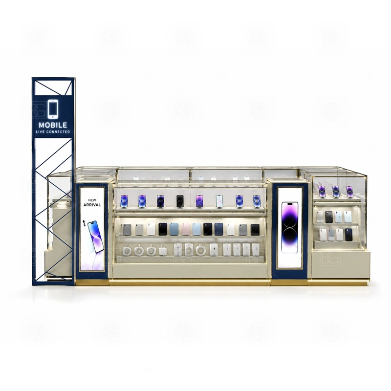 Luxury Cell Phone Display Counter for Retail Business signage detail with stronger logo surfaces, metal trim options, light tone control, and finish details matched to the brand shown in the luxury cell phone display counter for retail business product photos; this page also uses tall logo tower and LED brand lighting