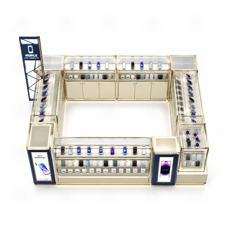 Luxury Cell Phone Display Counter for Retail Business storage detail for concealed lockable storage that protects inventory while keeping the premium view uncluttered shown in the luxury cell phone display counter for retail business product photos, with clear customer approach from the main mall walkway and quick staff access from the rear