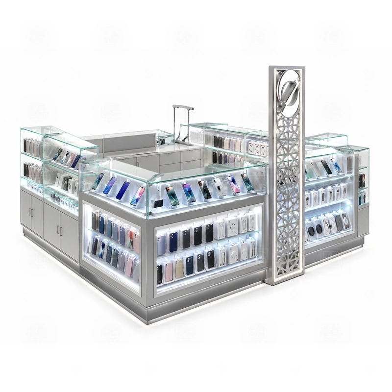 Luxury Cellphone Accessories Kiosk with Lockable Storage with a premium phone kiosk with richer finish details, clean glass display, and a more polished retail presentation shown in the luxury cellphone accessories kiosk with lockable storage product photos for mobile accessory retail and small electronics display