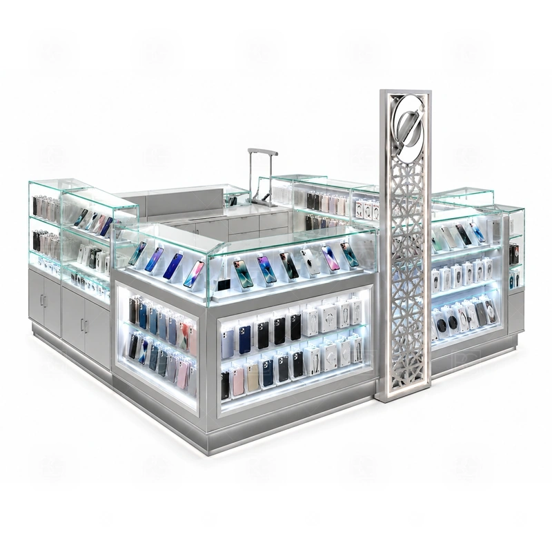 Luxury Cellphone Accessories Kiosk with Lockable Storage showing a more refined customer path with balanced display counters, logo areas, and staff-side working space shown in the luxury cellphone accessories kiosk with lockable storage product photos, with a stronger first impression at browsing distance plus practical checkout close to the display