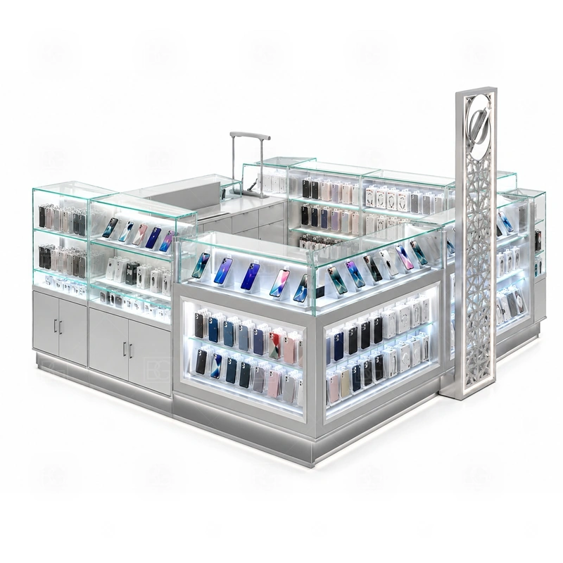 Luxury Cellphone Accessories Kiosk with Lockable Storage display detail for selected accessories, devices, premium cases, and boxed items shown with more controlled spacing shown in the luxury cellphone accessories kiosk with lockable storage product photos; the product photos also emphasize phone accessory displays, glass counters, and small product shelving