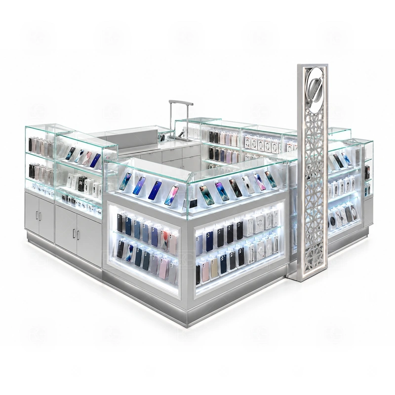 Luxury Cellphone Accessories Kiosk with Lockable Storage service area for consultative selling, premium product recommendation, checkout, and careful product handoff shown in the luxury cellphone accessories kiosk with lockable storage product photos; the kiosk can follow sales counter, POS area, packing surface, and staff-side storage