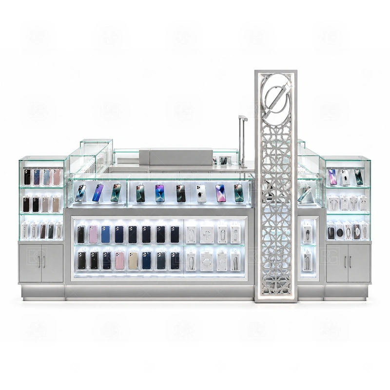 Luxury Cellphone Accessories Kiosk with Lockable Storage signage detail with stronger logo surfaces, metal trim options, light tone control, and finish details matched to the brand shown in the luxury cellphone accessories kiosk with lockable storage product photos; this page also uses tall logo tower and LED brand lighting