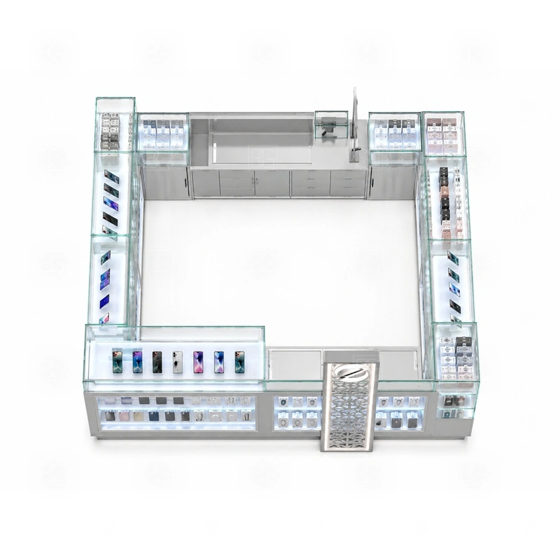 Luxury Cellphone Accessories Kiosk with Lockable Storage storage detail for lockable lower cabinets, divided drawers, and staff-only stock access for safer daily operation shown in the luxury cellphone accessories kiosk with lockable storage product photos, with a customer side that stays visually tidy even when staff are restocking or packing orders