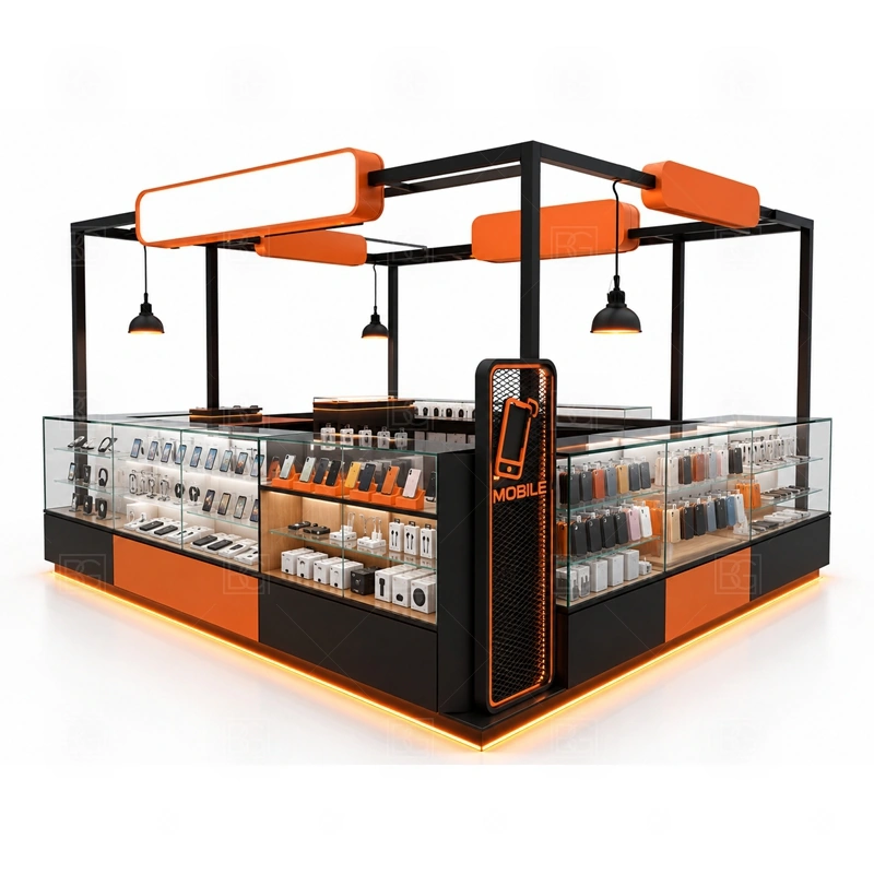 Luxury Mobile Phone Kiosk with Logo Tower with a premium phone kiosk with richer finish details, clean glass display, and a more polished retail presentation shown in the luxury mobile phone kiosk with logo tower product photos for mobile phone and accessory retail