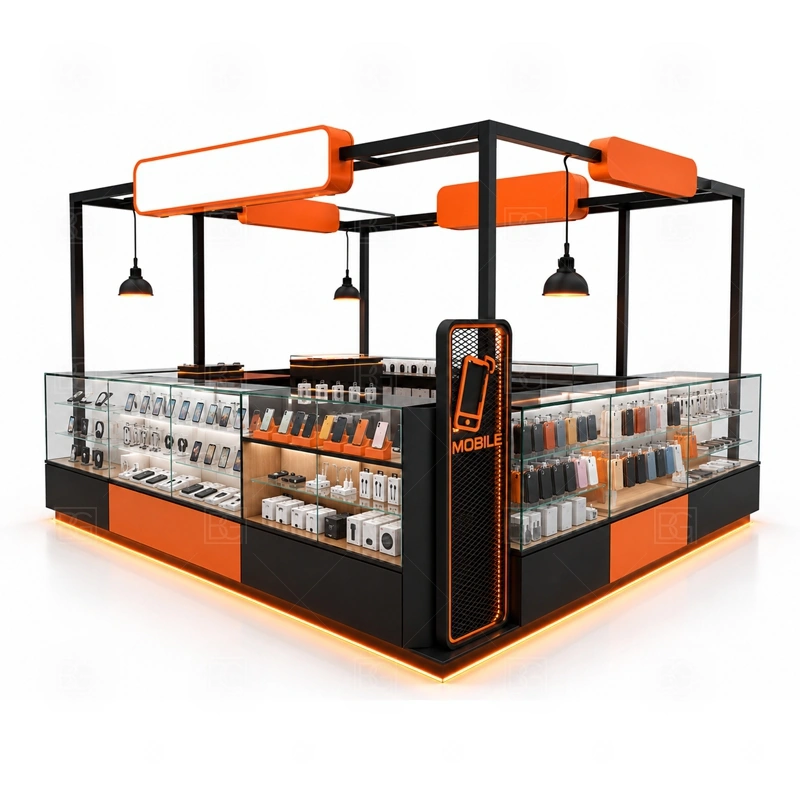 Luxury Mobile Phone Kiosk with Logo Tower showing a more refined customer path with balanced display counters, logo areas, and staff-side working space shown in the luxury mobile phone kiosk with logo tower product photos, with a stronger first impression at browsing distance plus practical checkout close to the display