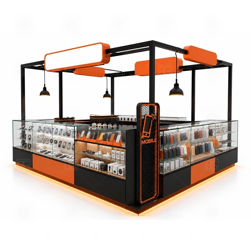 Luxury Mobile Phone Kiosk with Logo Tower display detail for selected accessories, devices, premium cases, and boxed items shown with more controlled spacing shown in the luxury mobile phone kiosk with logo tower product photos; the product photos also emphasize phone accessory displays, glass counters, and small product shelving