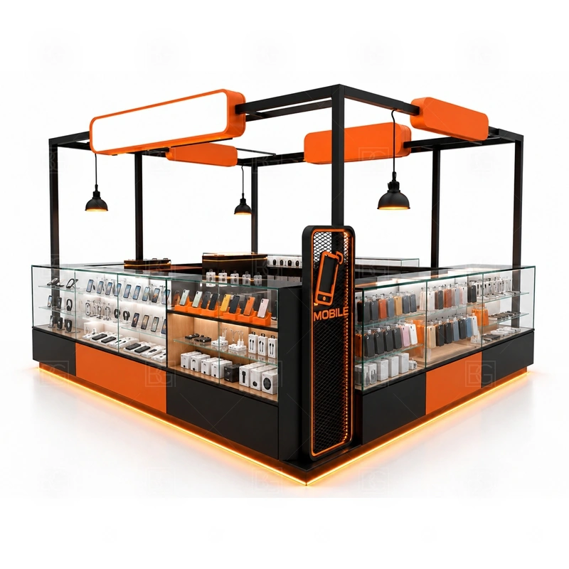 Luxury Mobile Phone Kiosk with Logo Tower service area for consultative selling, premium product recommendation, checkout, and careful product handoff shown in the luxury mobile phone kiosk with logo tower product photos; the kiosk can follow sales counter, POS area, packing surface, and staff-side storage