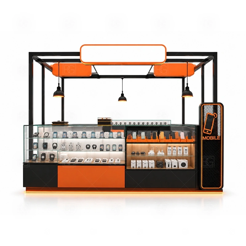 Luxury Mobile Phone Kiosk with Logo Tower signage detail with a taller logo tower, vertical brand panel, and lighted identity zone for long-distance visibility shown in the luxury mobile phone kiosk with logo tower product photos; this page also uses tall logo tower and LED brand lighting