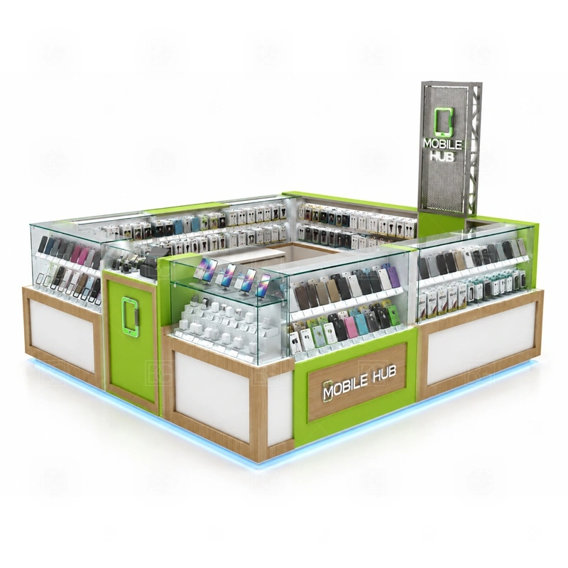 Luxury Phone Accessories Kiosk for Sale showing a more refined customer path with balanced display counters, logo areas, and staff-side working space shown in the luxury phone accessories kiosk for sale product photos, with a customer side that stays visually tidy even when staff are restocking or packing orders