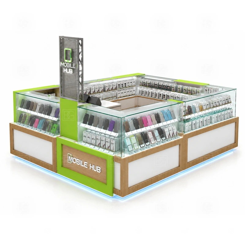 Luxury Phone Accessories Kiosk for Sale display detail for selected accessories, devices, premium cases, and boxed items shown with more controlled spacing shown in the luxury phone accessories kiosk for sale product photos; the product photos also emphasize phone accessory displays, glass counters, and small product shelving