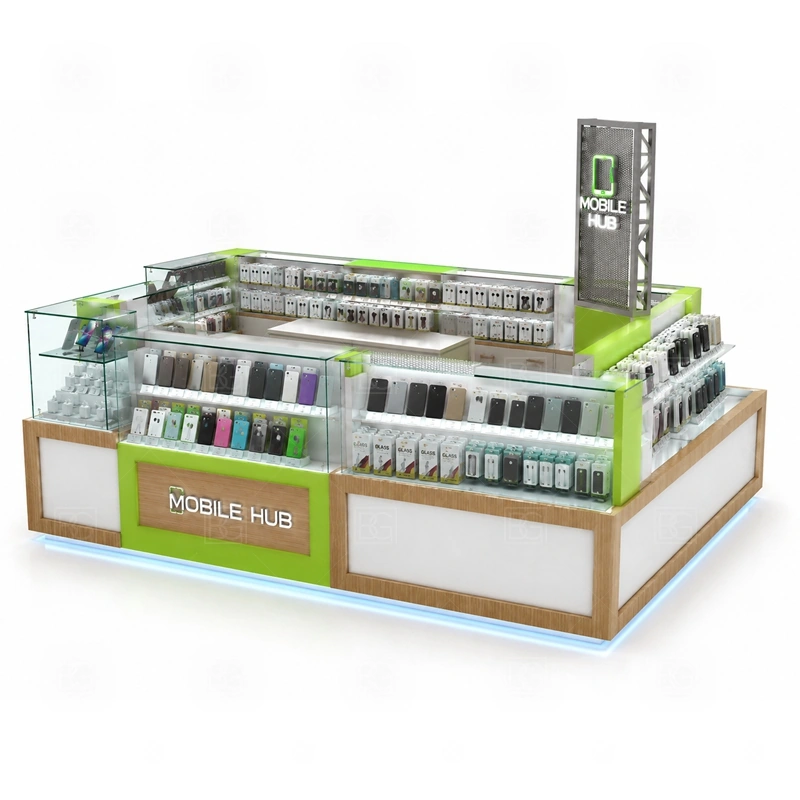 Luxury Phone Accessories Kiosk for Sale service area for consultative selling, premium product recommendation, checkout, and careful product handoff shown in the luxury phone accessories kiosk for sale product photos; the kiosk can follow sales counter, POS area, packing surface, and staff-side storage