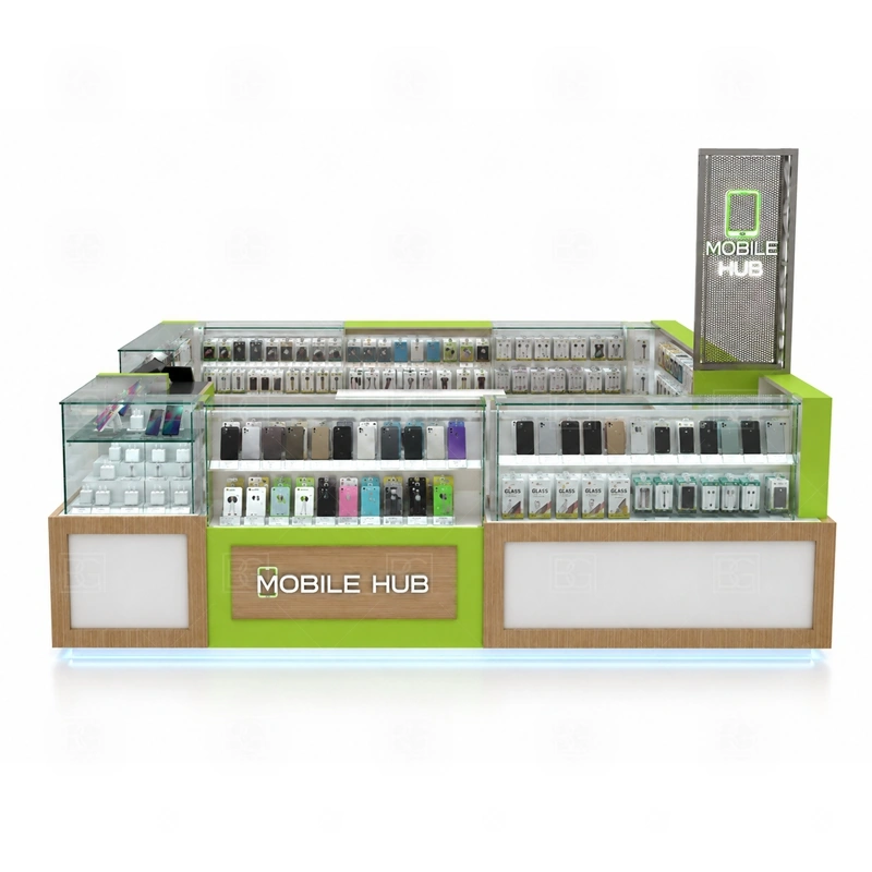 Luxury Phone Accessories Kiosk for Sale signage detail with stronger logo surfaces, metal trim options, light tone control, and finish details matched to the brand shown in the luxury phone accessories kiosk for sale product photos; this page also uses tall logo tower and LED brand lighting