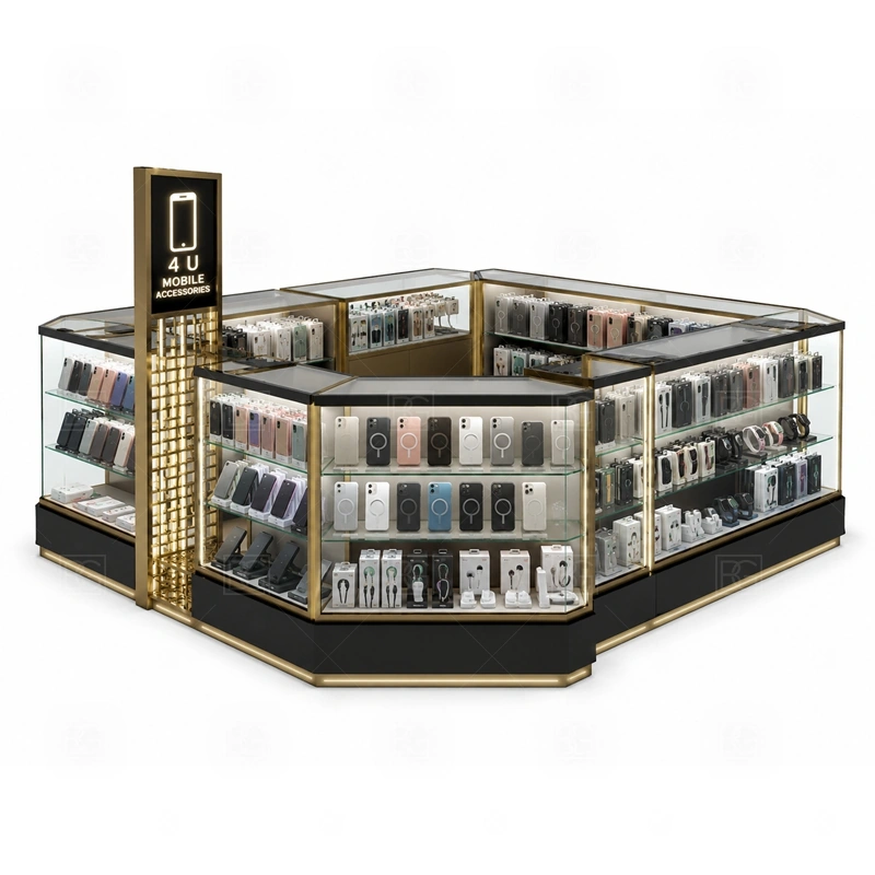 Luxury Phone Case Kiosk and Accessories Display with an accessory-focused kiosk with dense wall merchandising, glass counter protection, and quick-browse front shelves shown in the luxury phone case kiosk and accessories display product photos for phone case merchandising and accessory add-on sales