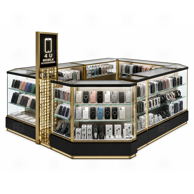 Luxury Phone Case Kiosk and Accessories Display showing a front browsing zone supported by staff-side drawers and fast restocking access shown in the luxury phone case kiosk and accessories display product photos, with a customer side that stays visually tidy even when staff are restocking or packing orders