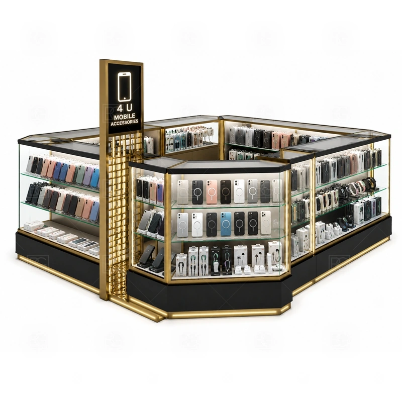 Luxury Phone Case Kiosk and Accessories Display display detail for a wider accessory mix shown through wall panels, shelves, hooks, and front counter displays shown in the luxury phone case kiosk and accessories display product photos; the product photos also emphasize phone accessory displays, glass counters, and small product shelving