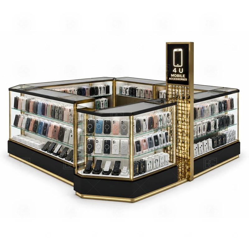 Luxury Phone Case Kiosk and Accessories Display service area for quick product selection, checkout, packaging, and replenishment during walk-by traffic shown in the luxury phone case kiosk and accessories display product photos; the kiosk can follow sales counter, POS area, packing surface, and staff-side storage
