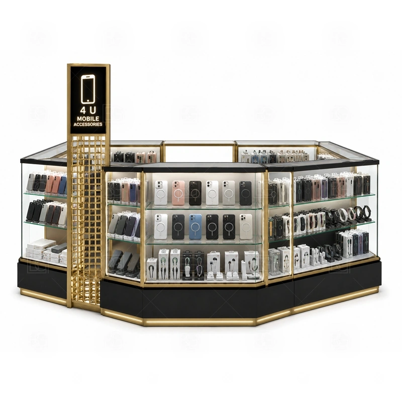 Luxury Phone Case Kiosk and Accessories Display signage detail with clean category signs and logo panels that keep shopper attention on the accessory wall shown in the luxury phone case kiosk and accessories display product photos; this page also uses custom logo signage and brand color presentation