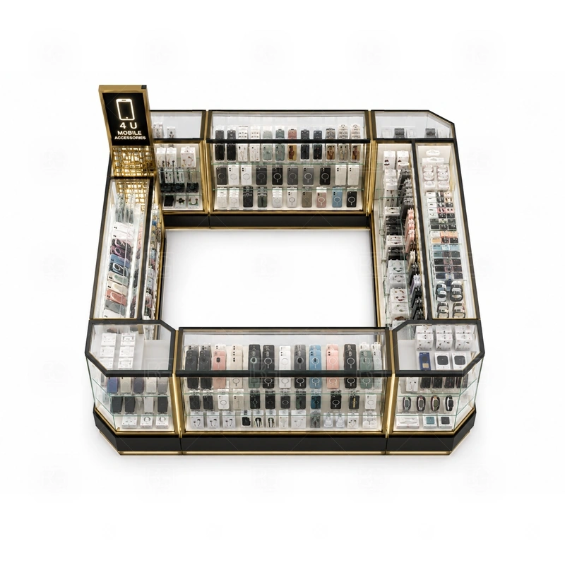 Luxury Phone Case Kiosk and Accessories Display storage detail for divided lower cabinets for high-turnover cases, cables, protectors, and spare display stock shown in the luxury phone case kiosk and accessories display product photos, with a stronger first impression at browsing distance plus practical checkout close to the display