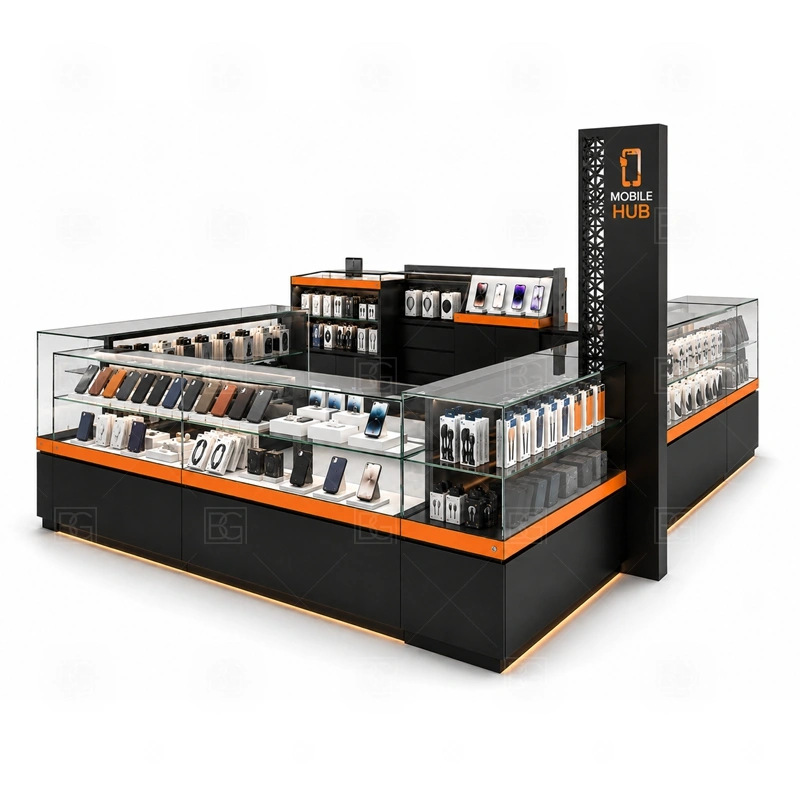Mall Retail Cell Phone Display Counter with LED Signage with a mall-retail phone kiosk with balanced product display, checkout planning, and landlord-ready presentation shown in the mall retail cell phone display counter with led signage product photos for counter-based phone display and checkout