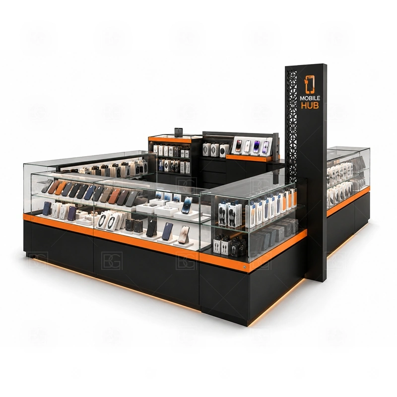 Mall Retail Cell Phone Display Counter with LED Signage showing counter-based selling with front customer display and a practical staff-side checkout route shown in the mall retail cell phone display counter with led signage product photos, with a stronger first impression at browsing distance plus practical checkout close to the display