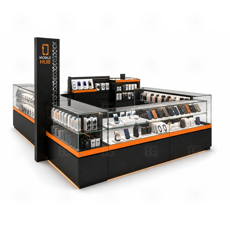 Mall Retail Cell Phone Display Counter with LED Signage display detail for phone cases, chargers, accessories, demo products, and selected showcase items arranged for fast browsing shown in the mall retail cell phone display counter with led signage product photos; the product photos also emphasize phone accessory displays, glass counters, and small product shelving