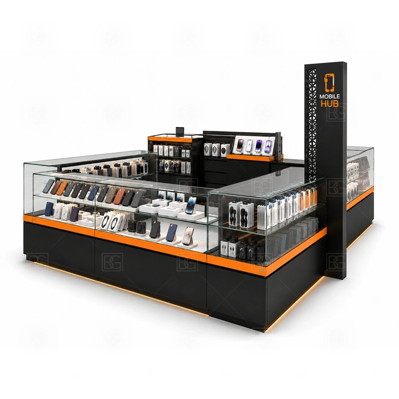 Mall Retail Cell Phone Display Counter with LED Signage service area for daily sales, product explanation, POS payment, packing, and quick customer support shown in the mall retail cell phone display counter with led signage product photos; the kiosk can follow sales counter, POS area, packing surface, and staff-side storage