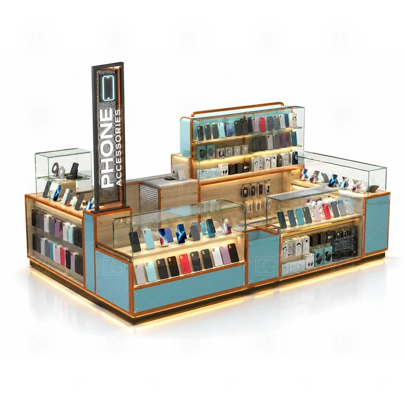 Mall Retail Mobile Accessories Kiosk with Glass Showcase with a glass-showcase phone kiosk with transparent product protection, counter lighting, and a cleaner premium display line shown in the mall retail mobile accessories kiosk with glass showcase product photos for mobile accessory retail and small electronics display