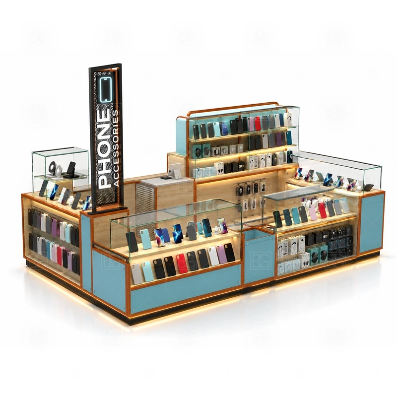Mall Retail Mobile Accessories Kiosk with Glass Showcase showing front and side showcase counters arranged so customers can inspect products without entering the staff zone shown in the mall retail mobile accessories kiosk with glass showcase product photos, with front-facing customer movement with staff work kept behind the display line