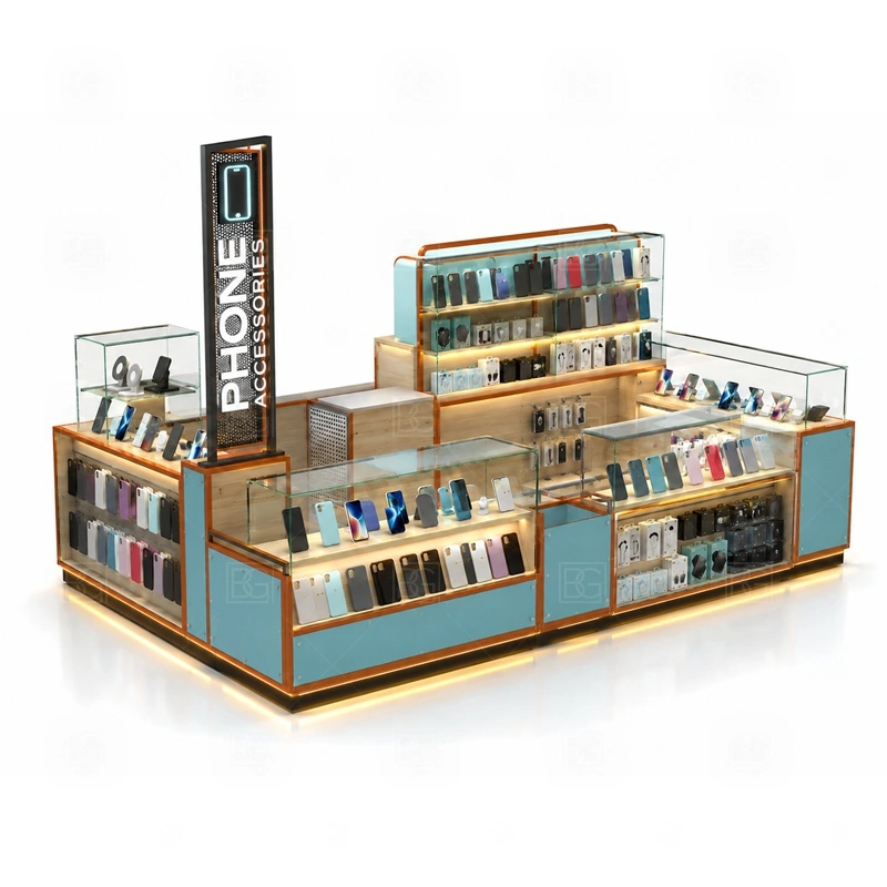 Mall Retail Mobile Accessories Kiosk with Glass Showcase display detail for lockable tempered glass showcases for phones, boxed accessories, and featured products shown in the mall retail mobile accessories kiosk with glass showcase product photos; the product photos also emphasize tempered glass showcases and visible accessory display zones