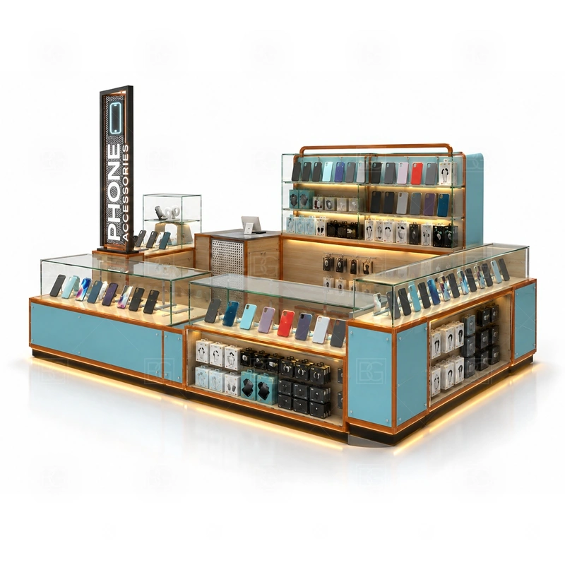 Mall Retail Mobile Accessories Kiosk with Glass Showcase service area for assisted selling, product demonstration, checkout, and secure handoff from the staff side shown in the mall retail mobile accessories kiosk with glass showcase product photos; the kiosk can follow sales counter, POS area, packing surface, and staff-side storage