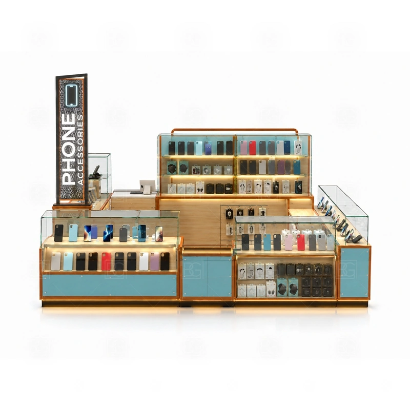 Mall Retail Mobile Accessories Kiosk with Glass Showcase signage detail with logo panels and light strips that support the glass display instead of overpowering the products shown in the mall retail mobile accessories kiosk with glass showcase product photos; this page also uses tall logo tower and LED brand lighting