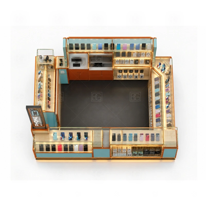 Mall Retail Mobile Accessories Kiosk with Glass Showcase storage detail for lockable showcase bases and back cabinets for stock, tools, and high-value accessories shown in the mall retail mobile accessories kiosk with glass showcase product photos, with separate zones for browsing, payment, stock refill, and product consultation