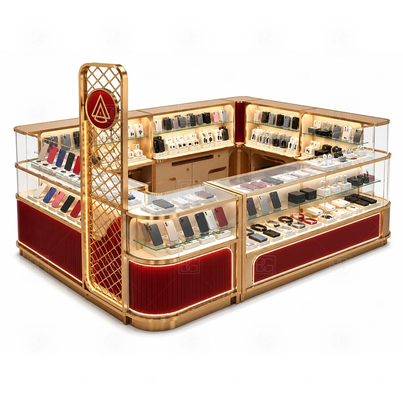 Mall Retail Phone Kiosk for Sale service area for daily sales, product explanation, POS payment, packing, and quick customer support shown in the mall retail phone kiosk for sale product photos; the kiosk can follow sales counter, POS area, packing surface, and staff-side storage