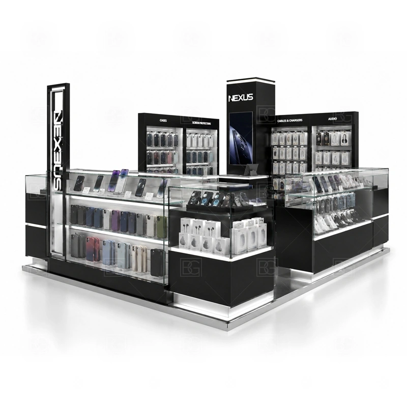 Mall Retail Phone Repair Kiosk Manufacturer with a mall-retail phone kiosk with balanced product display, checkout planning, and landlord-ready presentation shown in the mall retail phone repair kiosk manufacturer product photos for repair service and phone accessory sales