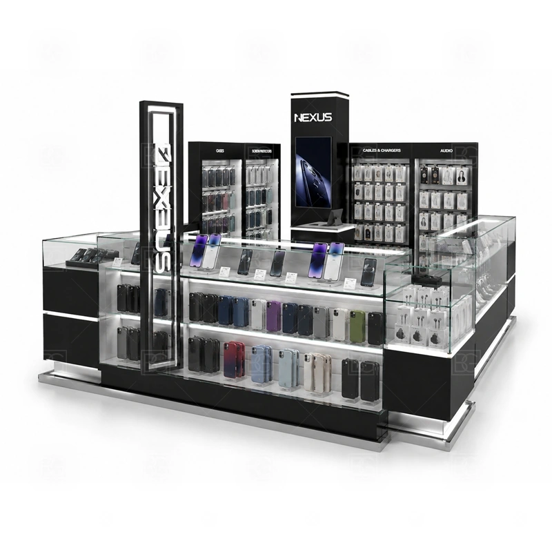 Mall Retail Phone Repair Kiosk Manufacturer showing a standard mall retail plan with customer browsing in front and staff functions grouped behind the counter shown in the mall retail phone repair kiosk manufacturer product photos, with separate zones for browsing, payment, stock refill, and product consultation