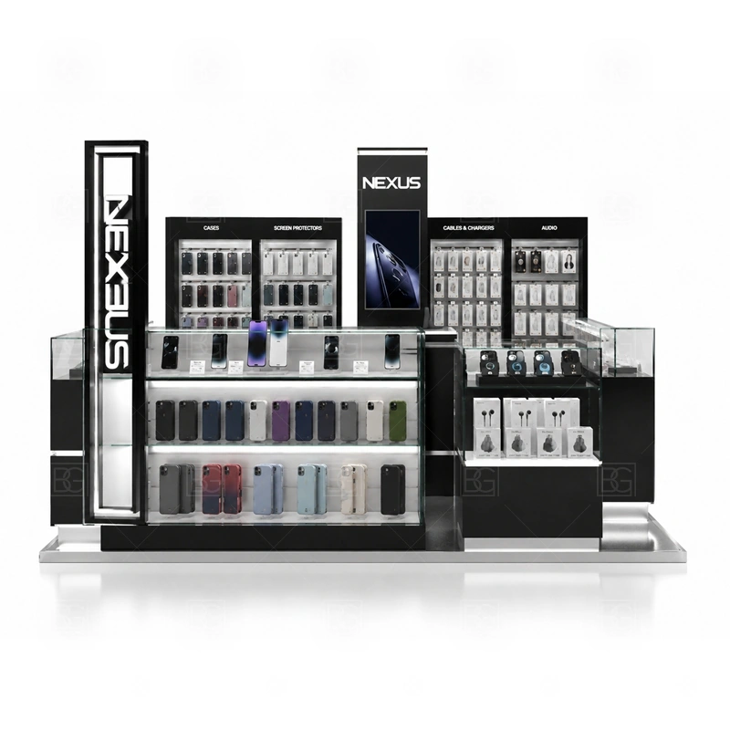 Mall Retail Phone Repair Kiosk Manufacturer display detail for phone cases, chargers, accessories, demo products, and selected showcase items arranged for fast browsing shown in the mall retail phone repair kiosk manufacturer product photos; the product photos also emphasize phone accessory displays, glass counters, and small product shelving