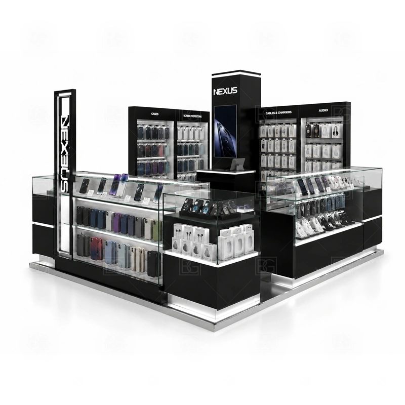 Mall Retail Phone Repair Kiosk Manufacturer service area for daily sales, product explanation, POS payment, packing, and quick customer support shown in the mall retail phone repair kiosk manufacturer product photos; the kiosk can follow repair service counter, device handoff area, and lockable tool storage