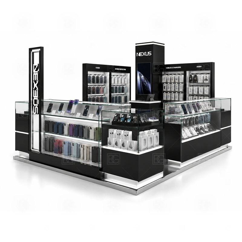 Mall Retail Phone Repair Kiosk Manufacturer signage detail with mall-friendly logo signs, front graphics, and color panels that can be reviewed by the landlord shown in the mall retail phone repair kiosk manufacturer product photos; this page also uses custom logo signage and brand color presentation