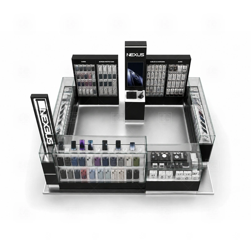 Mall Retail Phone Repair Kiosk Manufacturer storage detail for base cabinets, drawers, and cable routes placed for routine retail operation shown in the mall retail phone repair kiosk manufacturer product photos, with front-facing customer movement with staff work kept behind the display line